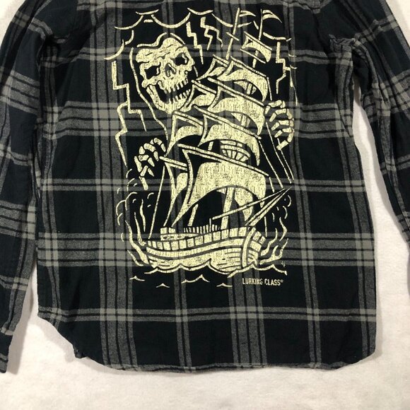 Lurking Class Top Womens Medium Flannel Button Front Shirt Hood Graphic Skull - Picture 9 of 16